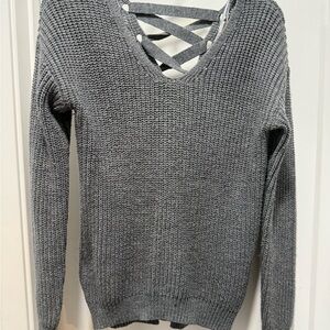SO Gray V-Neck Sweater with Crisscross Detail